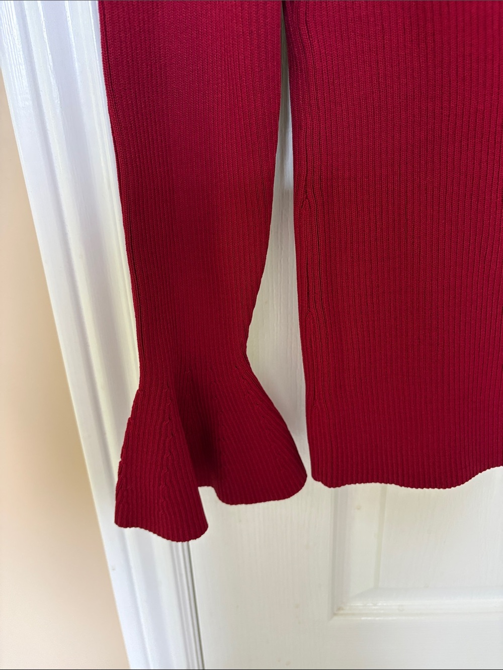 Women’s Red Ribbed Bell-Sleeve Top - Picture 3 of 4